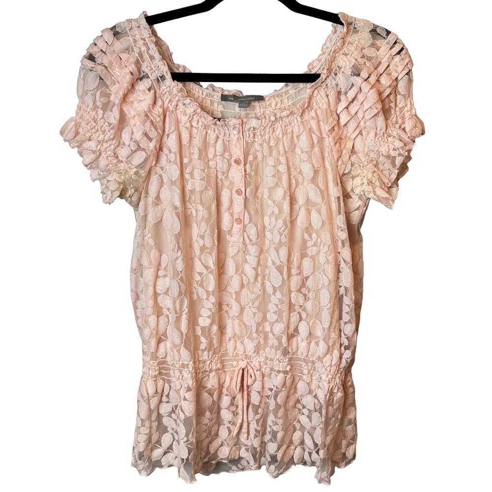 NY Collection Peplum‎ Floral Lace Blouse with Camisole Blush Pink M